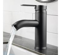 Grifo Negro Lavabo de Baño con Válvula de Cerámica, Acero Inoxidable, Mezclador Monomando, Invitados WC, Mangueras Incluidas