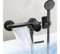 Grifo para Bañera y Ducha con Alcachofa de Mano, Grifo de Cascada Latón para Baño on Manguera de Acero Inoxidable 1.5m y Soporte Cascada con Juego de Ducha para Ducha de Baño (Negro)