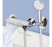 Grifo para Bañera y Ducha con Alcachofa de Mano, Grifo de Cascada Latón para Baño on Manguera de Acero Inoxidable 1.5m y Soporte Cascada con Juego de Ducha para Ducha de Baño (Plata)