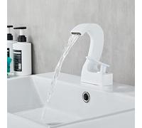 Grifo para lavabo de baño, diseño de cascada de una sola manija, cálido y frío, acabado moderno en blanco y dorado