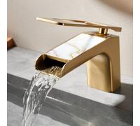 Grifo para Lavabo de Baño en Cascada Todo de Cobre Caliente y Frío Grifo de Borde de Un Solo Orificio,Oro Cepillado