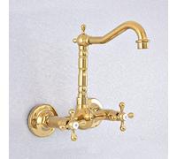 Grifo para lavabo de baño, grifos de cocina de latón pulido dorado, grifo para lavabo de baño de cocina montado en la pared, grifo de agua fría y caliente con caño giratorio de doble manija, mezclador