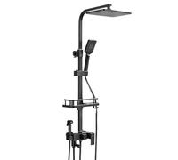 Grifo termostático con sistema de ducha ajustable en altura, 3/4 modos de fuga de agua, incluye cabezal, soporte y estantes para accesorios de baño (4 niveles), color negro