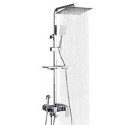 Grifo termostático de ducha con sistema de ducha ajustable en altura, 3/4 modos de fuga de agua, incluye alcachofa de ducha, soporte y estantes de almacenamiento para accesorios de baño (plata)