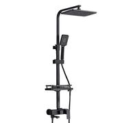 Grifo termostático de ducha con sistema de ducha ajustable en altura, 3/4 modos de salida de agua, incluye cabezal de ducha, soporte y estantes para accesorios de baño (3 niveles), color negro