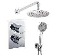Grifo termostático de ducha empotrar redondo pared. Con 2 vías, desviador cuadrado cerámico. Incluye brazo de ducha, soporte con toma, flexo y rociador