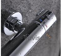 Grifo termostático de ducha modelo PAR fabricado en latón con acabados en cromo brillo. Manetas de zinc con indicador de temperatura y botón de seguridad anti quemaduras. Repuestos garantizados