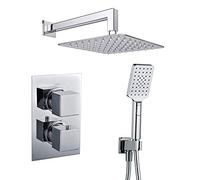 Grifo termostático ducha para empotrar ABE salida pared. Incluye soporte con toma agua, flexo PVC plateado, brazo ducha y rociador extraplano. Ducha empotrable con acabado cuadrado en cromo brillo