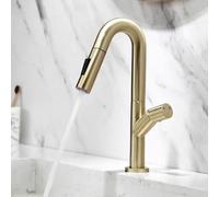 Grifos Cocina Fregadero Extensible Cuello de Cisne Grifo Alto para Fregadero Rotación de 360° 2 Modos,Oro Cepillado