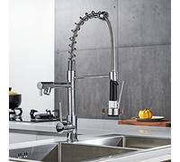 Grifos de Cocina con 2 boquillas, grifos de resorte de choque de cocina, 360° giratorio, estándar de calor y frío, latón cromado.