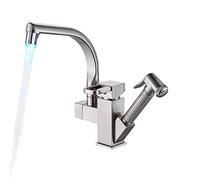 Grifos de cocina con caño de 2 modos, latón, montado en cubierta, monomando, agua fría y caliente, rociador extraíble, grifo mezclador for fregadero de cocina, negro mate(Led Brushed Nickel)