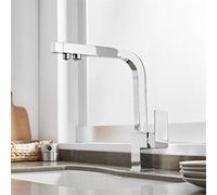 Grifos de cocina cromados Estilo cuadrado Grifos con filtro de agua potable Grifo mezclador para fregadero Giratorio 360 Grúa filtrada montada en cubierta con doble manija para cocina de 3 v