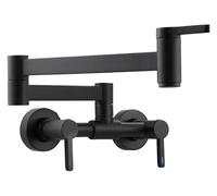 Grifos de cocina for fregadero, mezclador de agua fría y caliente de pared, grifo de fregadero plegable de latón macizo con brazo articulado doble, 3 manijas y 2 orificios.(Black)