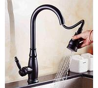 Grifos de cocina, Grifo de cocina de bronce negro con cabezal rociador extraíble y correa antigua, grifo para fregadero de cocina con dibujo de alambre, grifo mezclador de agua caliente de latón negr