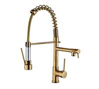 Grifos de cocina Grifo mezclador de fregadero de cocina de 3 vías Grifo de cocina de rotación de 360 ° de agua pura caliente y fría de doble salida de resorte grande extraíble dorado