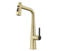 Grifos de cocina grises con rociador extraíble, grifo mezclador for cocina, cabezal rociador de 3 modos frío y caliente(Brushed Gold)