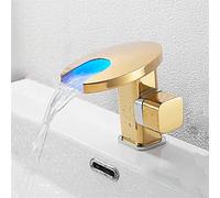 Grifos, Grifo de Lavabo de Baño con Led, Grifo de Cascada de Latón Dorado para Lavabo de Baño, Grifo de Mezclador Deua Caliente Y Fría de Solo Mando Montado en la Encimera, Grifos de Lavabo/Led Oro