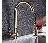 Grifos, grifo mezclador para fregadero de cocina, latón macizo dorado, estilo europeo, grifos de una sola manija, grifo de calor frío para fregadero de 360 grados; mezclador giratorio de agua presente