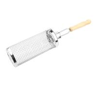 Grill Welten - Cesta redonda de acero inoxidable, 22,8 x 8,5 cm, con mango de madera, cesta para verduras, pescado, carne y patatas - Cesta de parrilla con apertura para barbacoa de carbón, parrilla