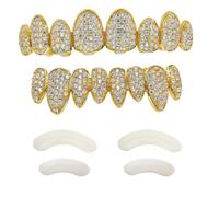 Grillz de Diamantes Rebajas Baño de Oro 14 Quilates. Juego de Tapas Superior e Inferior Parece Diamante Real + Caja Clásico + Paño de microfibra