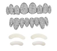 Grillz de Diamantes Rebajas Baño de Oro Blanco 14 Quilates. Juego de Tapas Superior e Inferior Parece Diamante Real + Caja Clásico + Paño de Microfibra