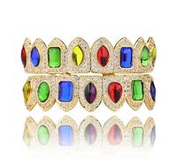 Grillz Dentales con Gemas de Colores, Chapados en Oro 18 Quilates, Estilo Hip Hop, Circonitas CúBicas la Parte Superior e Inferior Los Dientes(Gold)