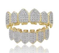 Grillz Dentales Multicolor Arcoíris, con Tapas Superior e Inferior Chapadas en Oro 18 Quilates, Colmillos Incrustaciones Diamantes(Gold 1)