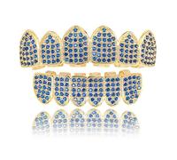 Grillz Dentales Multicolor Arcoíris, con Tapas Superior e Inferior Chapadas en Oro 18 Quilates, Colmillos Incrustaciones Diamantes(Blue)
