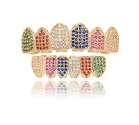 Grillz Dentales Multicolor Arcoíris, con Tapas Superior e Inferior Chapadas en Oro 18 Quilates, Colmillos Incrustaciones Diamantes(Multicolor)