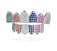 Grillz Dentales Multicolor Arcoíris, con Tapas Superior e Inferior Chapadas en Oro 18 Quilates, Colmillos Incrustaciones Diamantes(Silver)