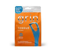 GRIN Limpiador de lengua, 48 unidades, limpiador de lengua desechable, raspador higiénico, plástico reciclado, lengua limpia, promueve el aliento fresco, incluye púa de dientes plegable segura