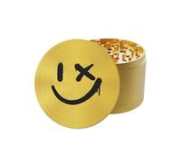 GRINDNATION Trituradora premium 'Smiley' | oro | diámetro 63 mm | mecanismo afilado | imán fuerte | 4 piezas | set incluye bolsa, raspador y cepillo