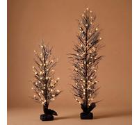 Grinsvalley 2 árboles artificiales negros parpadeantes de Halloween de 3 pies y 5 pies con luces LED blancas cálidas, ramitas falsas para decoración de fiestas de Halloween en interiores y exteriores
