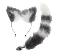(Gris blanco) Tapón anal de cola de conejo esponjoso, bonito juego de aro para orejas de gato para cosplay,