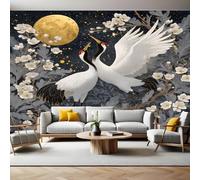 Gris Fotomurales Tejido no Tejido Grulla de corona roja en flor de ciruelo lunar Papel Pintado Decor de Pared Murales Póster Efecto 3D Papel Tapiz Moderno para Dormitorio Salón TV Pared 300 x 210 cm