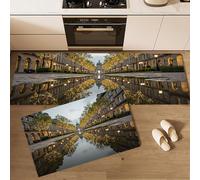 Gris Juego de Alfombras de Cocina de 2 Piezas, Alfombras de Edificios Árboles Charcos, Antideslizantes Paisaje Urbano Tapetes de Cocina para Pasillo Entrada Lavandería, 43x75cm+43x150 cm