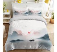 Gris Oriental Chino Juego de Cama Reversible Transpirable Extra Suave Juego de Funda Edredón Pintura a Tinta Brumoso Paisaje Montaña Río Pequeño Barco Sereno Patrón para Niños Adolescentes, 140 x 190