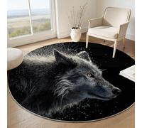 Gris Oscuro Alfombra Redonda Lavable, Alfombras de Pelo Corto Realista Naturaleza Animales Lobo - Alfombra Redonda Antideslizante para Sala de Estar Dormitorio y Habitación Infantil 60 cm