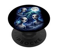 Gris Oscuro Alien Bajo la Luna Vintage Fantasía Rayo Arte PopSockets PopGrip Adhesivo