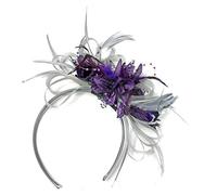 Gris Plata y Morado Oscuro neta aro plumas Tocado para cabello diadema boda Royal Ascot de carreras