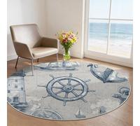 Gris Redonda Tapetes 60 cm, Retro Náutico Faro Brújula Antideslizante Lavable Lavadora Redondo Pelo Corto Suave Carpet para Sala Comedor Habitacion Estudio