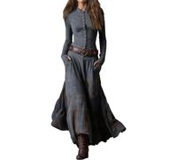 Gris,S,Vestido Maxi Occidental Vintage para Mujer, Vestido Informal de otoño con Manga Larga y Cuello levantado, Vestido Largo Ajustado de Gamuza con retales a Cuadros