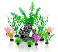 Griwuut Plantas decorativas de acuario con vista de rocalla, 12 piezas de accesorios para peceras, plantas artificiales de plástico, decoración de acuario para peceras
