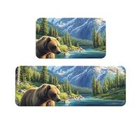 Grizzly Bear And Cub Snow Mountain Forest - Juego de 2 tapetes de cocina antideslizantes de madera antifatiga para el hogar, oficina