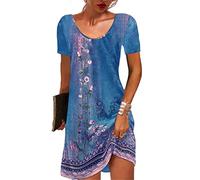 GRMLRPT Mujeres de Manga Corta Cuello Redondo Vestido Bohemio Floral Verano Mini Suelta Túnica Casual(C,S-XXL)