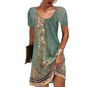 GRMLRPT Mujeres de Manga Corta Cuello Redondo Vestido Bohemio Floral Verano Vestidos Mini Vestido Floral Imprimir Suelta Túnica Vestido Casual(Verde,XXL)