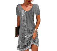 GRMLRPT Mujeres de Manga Corta Cuello Redondo Vestido Bohemio Floral Verano Vestidos Mini Vestido Floral Imprimir Suelta Túnica Vestido Casual(Gris,XXL)
