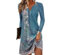 GRMLRPT Vestido para Mujeres de Manga Larga Cuello en V Bohemio Floral Verano Mini Imprimir Suelta Túnica Casual(Azul,M)