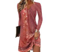 GRMLRPT Vestido para Mujeres de Manga Larga Cuello en V Vestido Bohemio Floral Verano Vestidos Mini Vestido Floral Imprimir Suelta Túnica Vestido Casual(Rojo,XL)