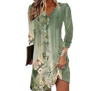 GRMLRPT Vestido para Mujeres de Manga Larga Cuello en V Vestido Bohemio Floral Verano Vestidos Mini Vestido Floral Imprimir Suelta Túnica Vestido Casual(Verde,M)